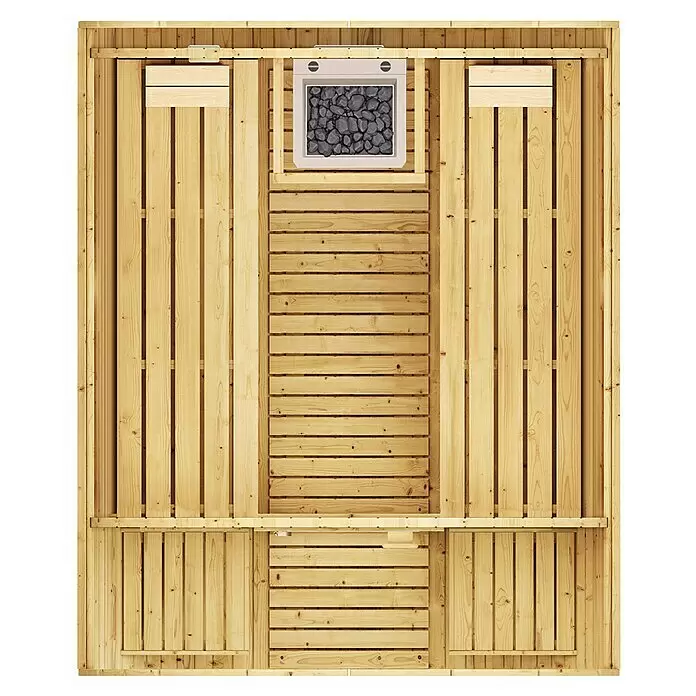 Weka Fasssauna 198 - Mit 9,0 kW Kompakt-Ofen mit integrierter Steuerung, L x B x H: 186,6 x 210,5 x 217,5 cm - Helle Holzsauna-Innenansicht mit oben platziertem Heizgerät mit dunklen Steinen und zwei Holzbänken.