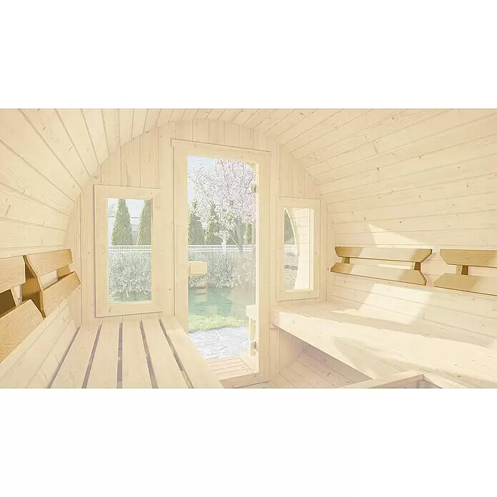 Weka Sauna-Rückenlehne - 21 x 83 cm, Holz - Heller Holz-Fasssauna-Innenraum mit geschwungenen Wänden, Lattenbänken und Fenstern mit Gartenblick.