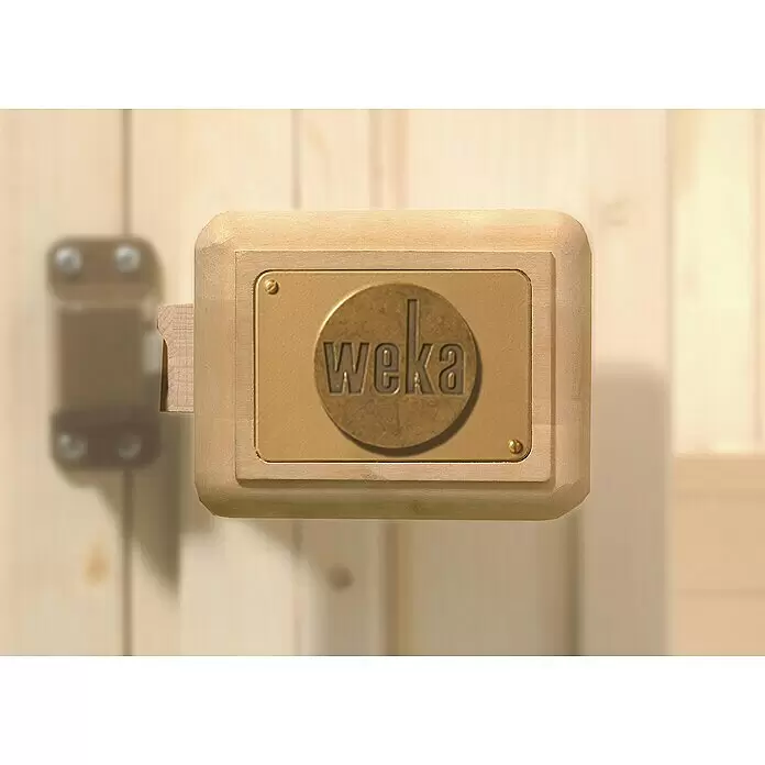 Weka Saunatürgriff - Natur - Heller Sauna-Türverschluss aus Holz mit einer Messingplatte und 'weka'-Emblem.
