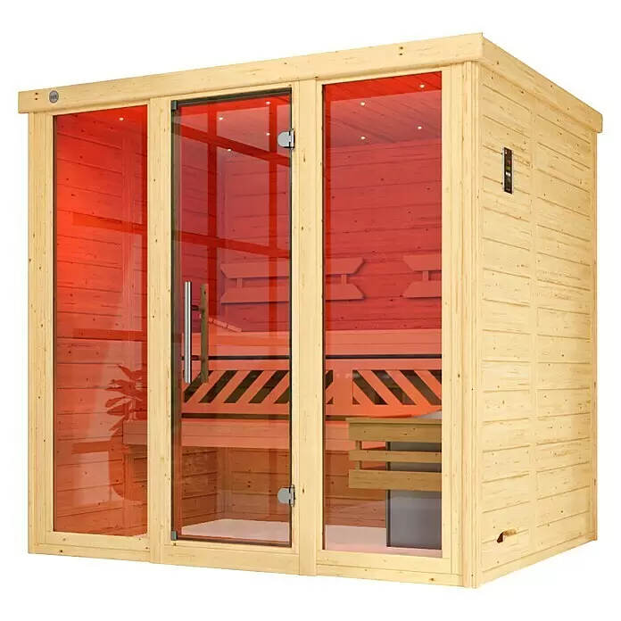 Weka Massivholzsauna Kemi Panorama - Mit 7,5 kW Klassik-Ofen mit externer digitaler Steuerung, L x B x H: 169 x 211 x 200 cm, Natur - Helle Holz Infrarotsauna mit rot getönten Glastüren und Innenbänken.