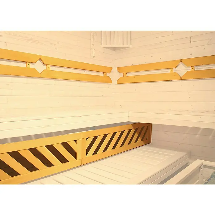 Weka Saunabank Komfort 2 - 189 x 198 x 21 cm, Natur - Innenaufnahme einer hellen Sauna mit Holzbänken und hölzernen Rückenlehnen. Die Konstruktion ist einfach gehalten und einladend.