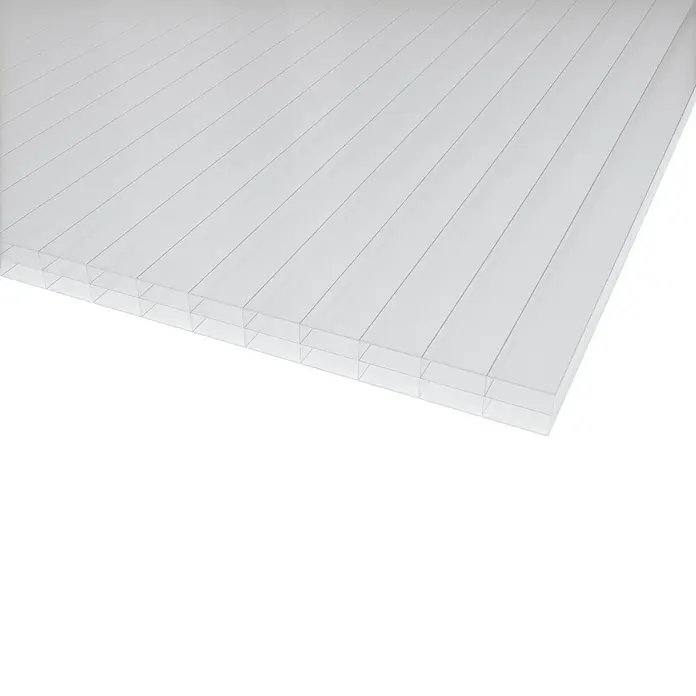 Lexan Stegplatte S3P 16 - L x B: 3.500 x 980 mm, Polycarbonat, Opal - Nahaufnahme einer transparenten Polycarbonat-Mehrfachstegplatte, ideal für Gewächshäuser und Überdachungen. Vielseitig und langlebig.