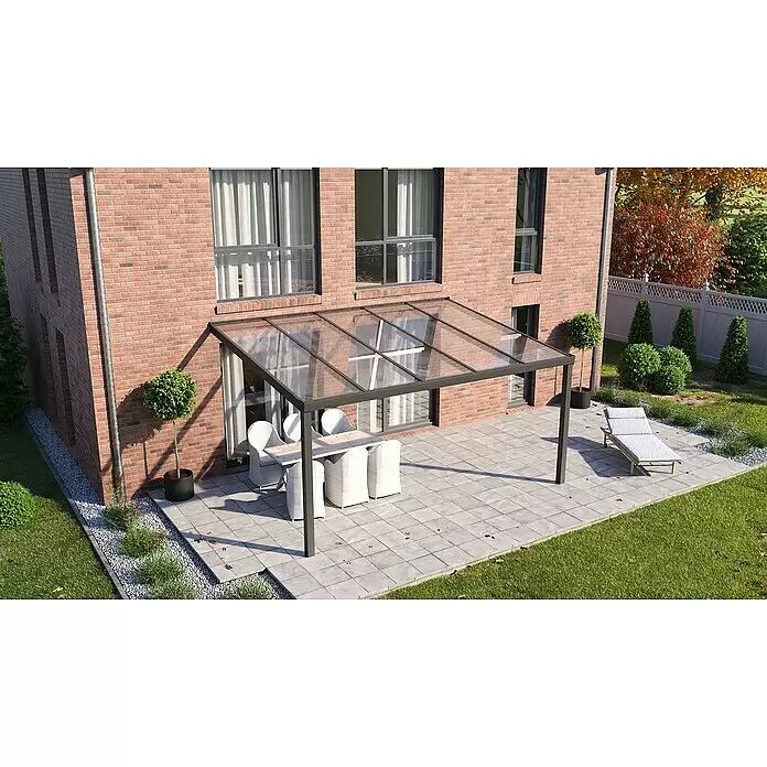 Exolon Stegplatte S5X 16/25 - L x B x S: 4.000 x 980 x 16 mm, Polycarbonat, Transparent - Dunkelgrau gerahmte Terrassenüberdachung mit transparentem Dach über einem Essbereich, an ein Ziegelhaus montiert.