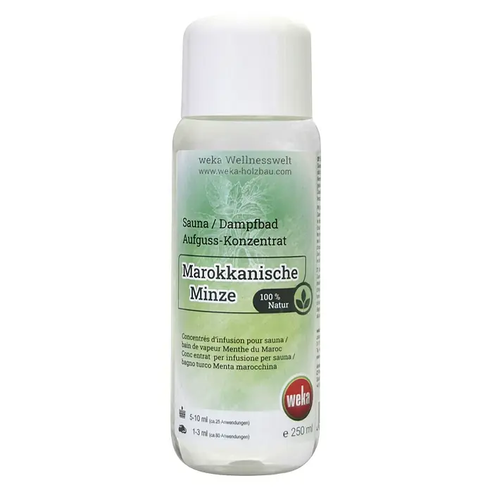 Weka Sauna- & Dampfbadduft - Duft: Marokkanische Minze, 250 ml - Produktbild einer Flasche Sauna- und Dampfbad-Aufgusskonzentrat mit marokkanischer Minze von Weka Wellnesswelt.