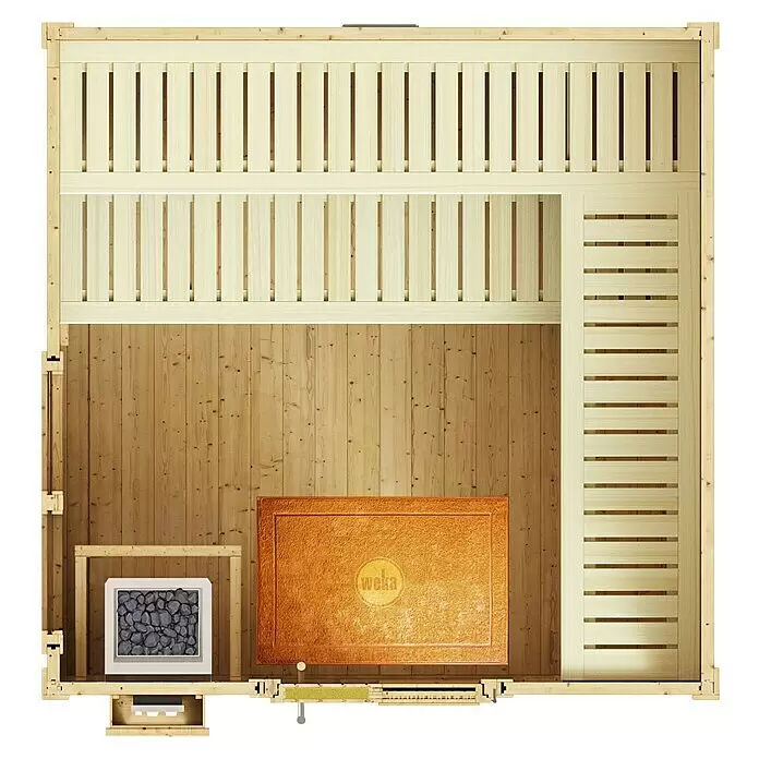 Weka Saunahaus Kuopio - Mit 9,0 kW Klassik-Ofen und externer analoge Steuerung, Anthrazit, L x B x H: 238 x 238 x 253 cm - Hölzerne Sauna-Inneneinrichtung mit Bänken, einem Heizofen mit Steinen und einer Marken-Bodenmatte, von oben gesehen.