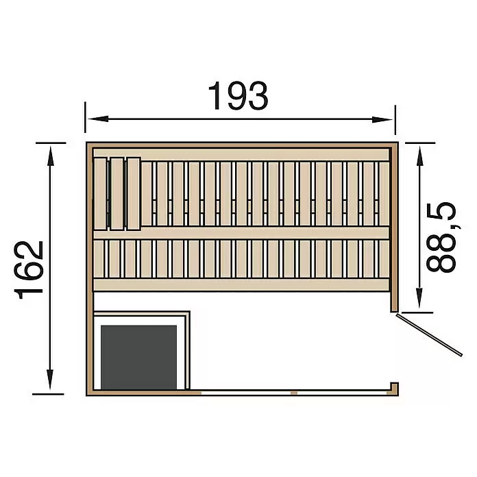 Weka Massivholzsauna Kemi Panorama - Mit 7,5 kW Bio-Aktiv-Ofen mit externer digitaler Steuerung, L x B x H: 193 x 162 x 200 cm, Natur - Draufsicht eines hölzernen Saunagrundrisses mit Bänken und dunkelgrauem Ofen, Maße: 193 x 162 cm, Tür 88,5 cm.