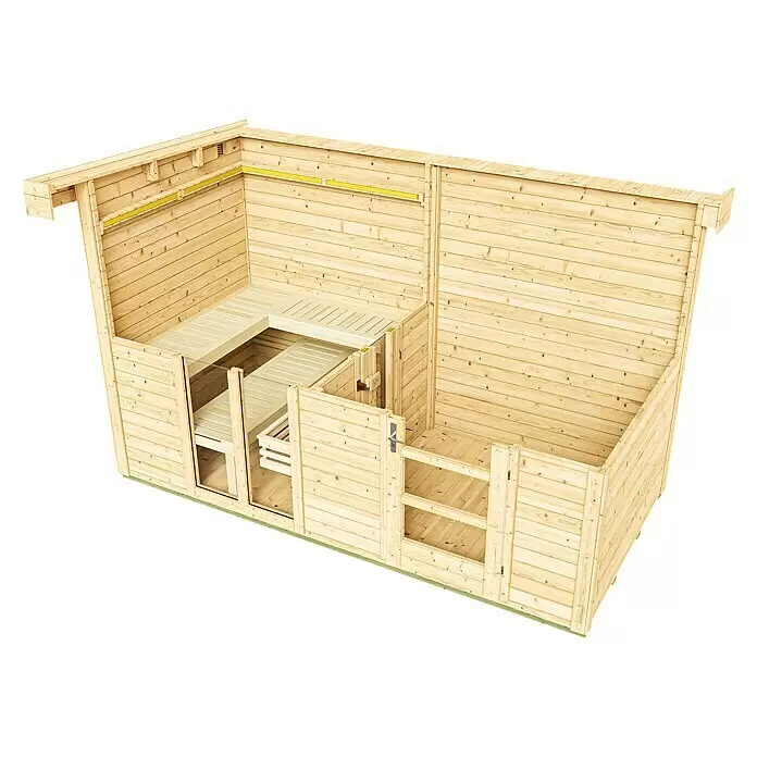 Weka Saunahaus Farsund - Ohne Ofen, L x B x H: 187 x 390 x 253 cm - Heller Holz-Saunakabine-Bausatz mit Bänken und Türteilen.