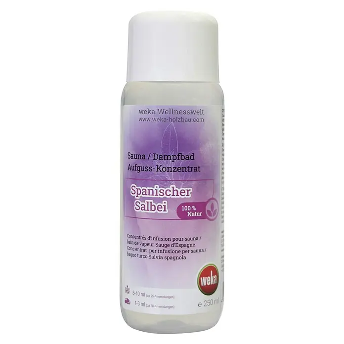 Weka Sauna- & Dampfbadduft - Duft: Spanischer Salbei, 250 ml - Flasche Sauna- und Dampfbad-Aufgusskonzentrat "Spanischer Salbei" von Weka, ein 100 % natürliches Produkt für Wellnessanwendungen.