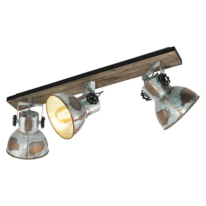Eglo Barnstaple Deckenstrahler - 120 W, Schwarz, Stahl, E27 - Rustikale Deckenleuchte mit drei Strahlern auf einem Holzbalken, ideal für einen industriellen Look.