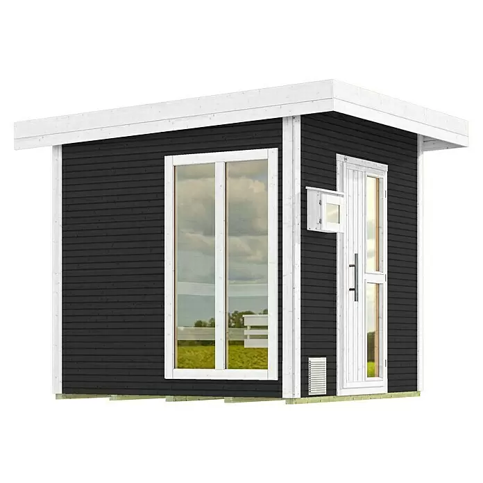 Weka Saunahaus Kuopio - Mit 9,0 kW Klassik-Ofen und externer analoge Steuerung, Anthrazit, L x B x H: 238 x 238 x 253 cm - Schwarzes Holzgartenhaus mit weißen Verkleidungen, großem Fenster und weißer Tür.