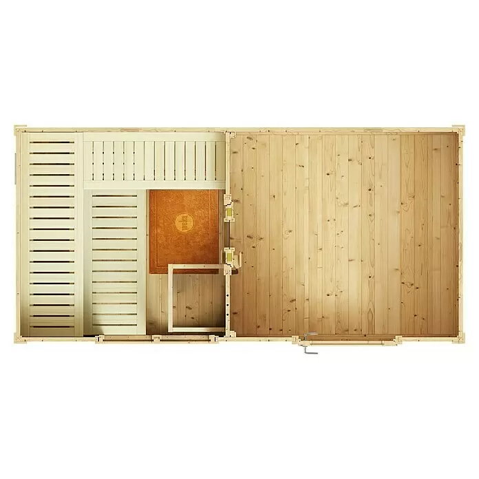 Weka Saunahaus Farsund - Ohne Ofen, L x B x H: 187 x 390 x 253 cm - Draufsicht auf helle Holzelemente einer Saunakabine mit Bänken und einer "Weka"-Matte, bereit zur Montage.
