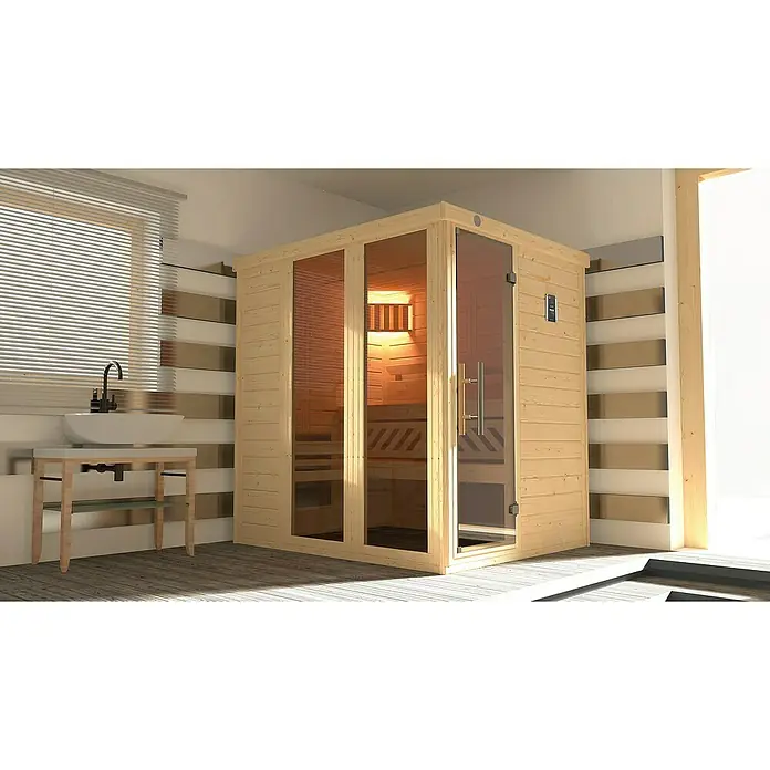 Weka Massivholzsauna Kemi Panorama - Mit 7,5 kW Bio-Aktiv-Ofen mit externer digitaler Steuerung, L x B x H: 193 x 162 x 200 cm, Natur - Innenaufnahme einer modernen Sauna aus Holz mit Glastüren, die eine entspannende Atmosphäre für Wellness und Erholung schafft.