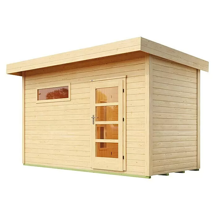 Weka Saunahaus Farsund - Ohne Ofen, L x B x H: 186,6 x 390 x 253 cm - Helles Holzgartenhaus mit Flachdach, Fenster und verglaster Tür.