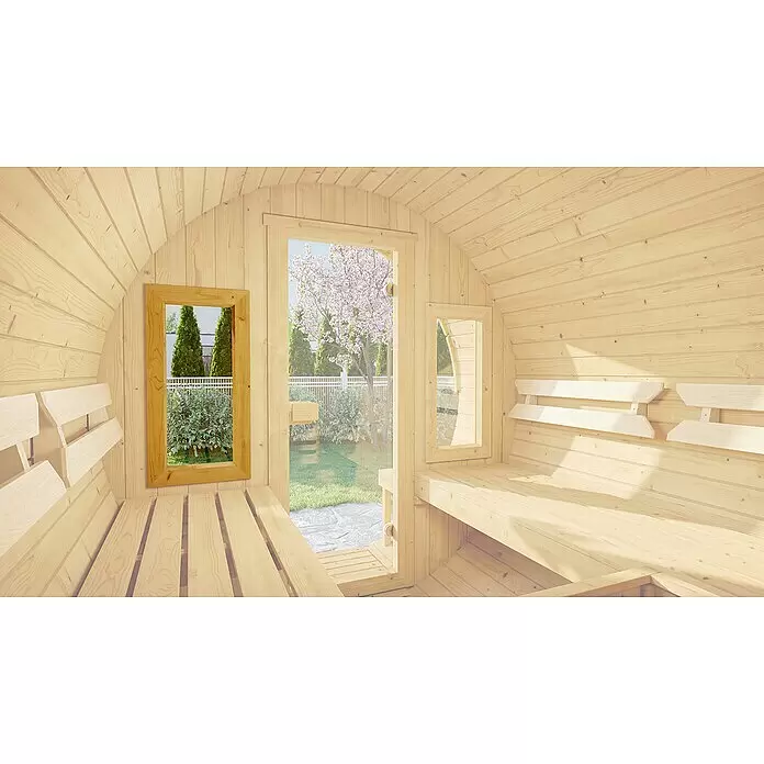 Weka Saunafenster - 40 x 80 cm - Helle Holzfasssauna innen mit Bänken, Fenster und Tür zu einem Garten.