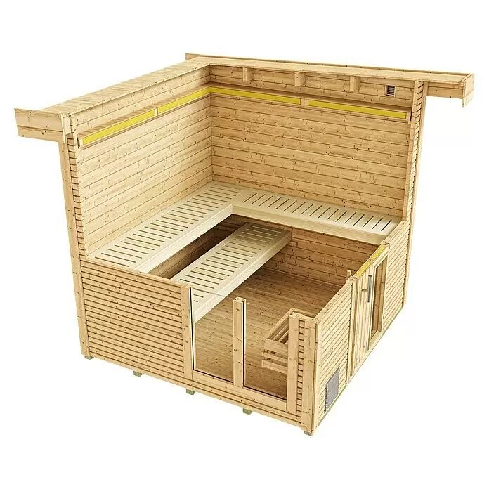 Weka Saunahaus Kuopio - Mit 9,0 kW Klassik-Ofen und externer analoge Steuerung, Natur, L x B x H: 238 x 238 x 253 cm - Schnittansicht einer hellen Holzsauna mit mehrstufigen Bänken, gelber Isolierung und Belüftung.