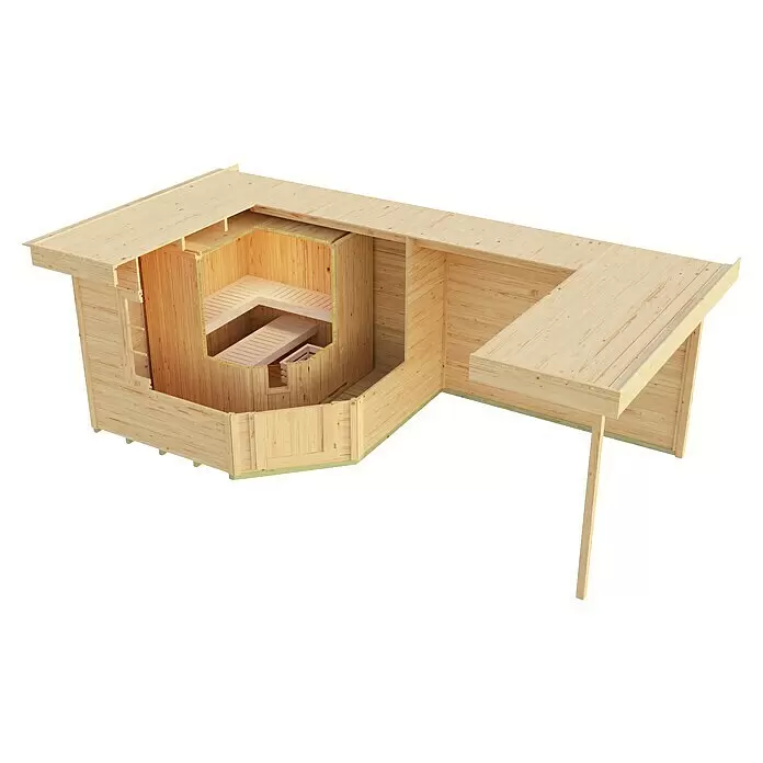 Weka Saunahaus Salo - Ohne Ofen, Rot, L x B x H: 298 x 601 x 237 cm - Helle Holz-Außensauna mit Innenbänken und angeschlossenem überdachten Bereich/Bar, in Schnittansicht, um das Innere zu zeigen.