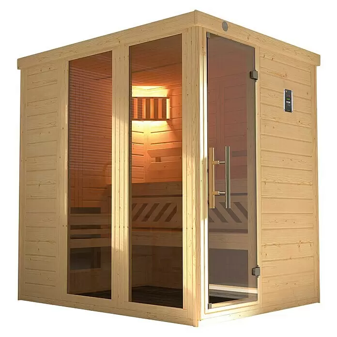 Weka Massivholzsauna Kemi Panorama - Mit 7,5 kW Bio-Aktiv-Ofen mit externer digitaler Steuerung, L x B x H: 193 x 162 x 200 cm, Natur - Moderne Sauna aus hellem Holz mit klaren Glaspaneelen und beleuchtetem Innenraum.