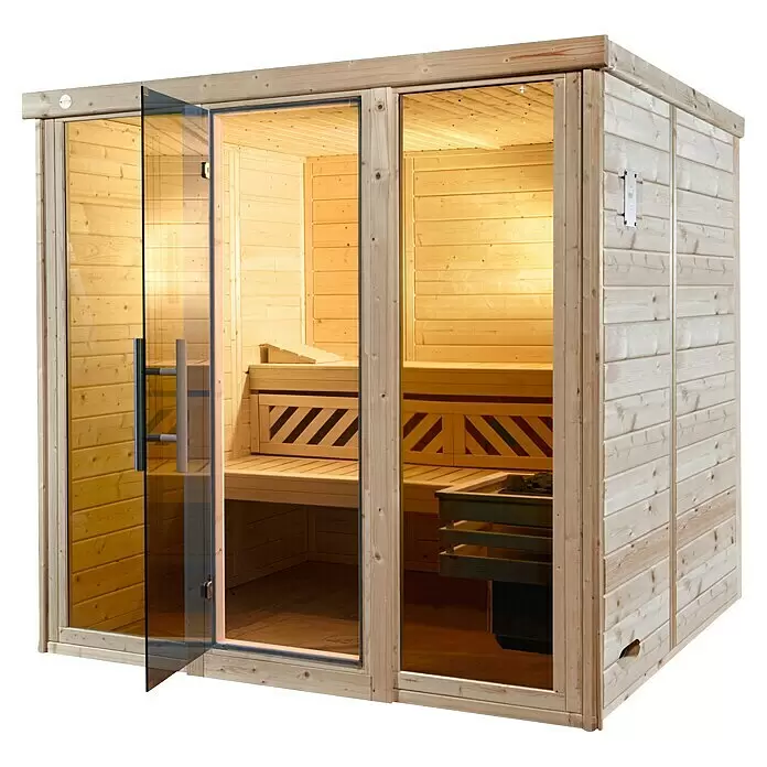 Weka Massivholzsauna Kemi Panorama - Mit 7,5 kW Bio-Aktiv-Ofen mit externer digitaler Steuerung, L x B x H: 210 x 211 x 200 cm, Natur - Saunakabine aus hellem Holz mit Glastür, Bänke und Ofen im Inneren sichtbar.