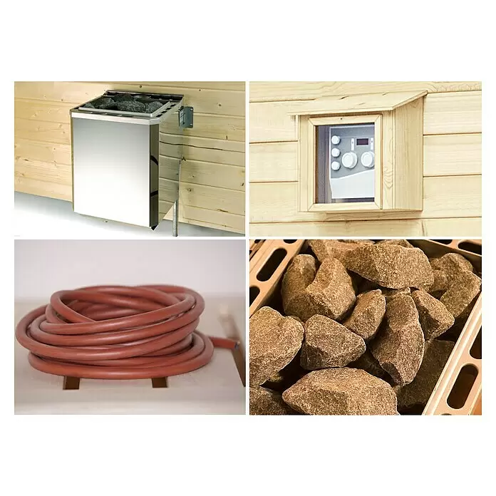 Weka Saunaofen Bio - 9 kW, Mit externer Steuerung, Raumheizvermögen: 10 m³ - 14 m³ - Wesentliche Saunakomponenten: ein metallischer Ofen mit dunklen Steinen, ein Bedienfeld, ein aufgerollter roter Schlauch und Saunasteine.
