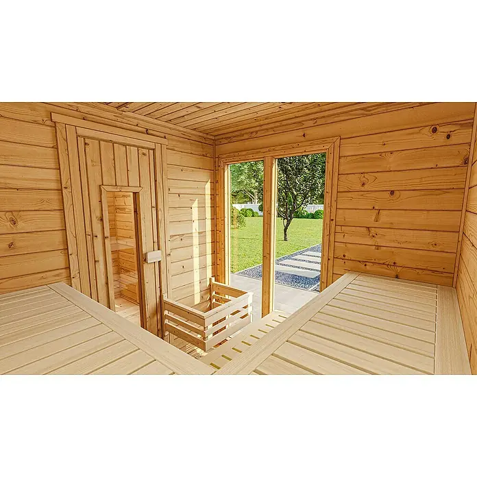 Weka Saunahaus Farsund - Ohne Ofen, L x B x H: 187 x 390 x 253 cm - Innenansicht einer Holzsauna mit Bänken und Blick nach draußen, die die entspannende Atmosphäre des Raumes betont.