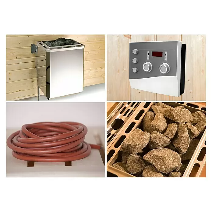 Weka Saunahaus Kuopio - Mit 9,0 kW Klassik-Ofen und externer analoge Steuerung, Anthrazit, L x B x H: 238 x 238 x 253 cm - Sauna-Systemelemente: Edelstahlheizgerät mit Steinen, ein Bedienfeld und ein roter Schlauch.