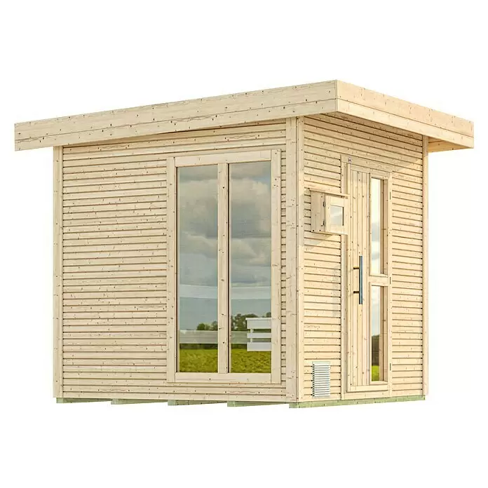 Weka Saunahaus Kuopio - Mit 9,0 kW Klassik-Ofen und externer analoge Steuerung, Natur, L x B x H: 238 x 238 x 253 cm - Helle Holzaußensauna mit großen Glasfenstern und Tür, Flachdach.