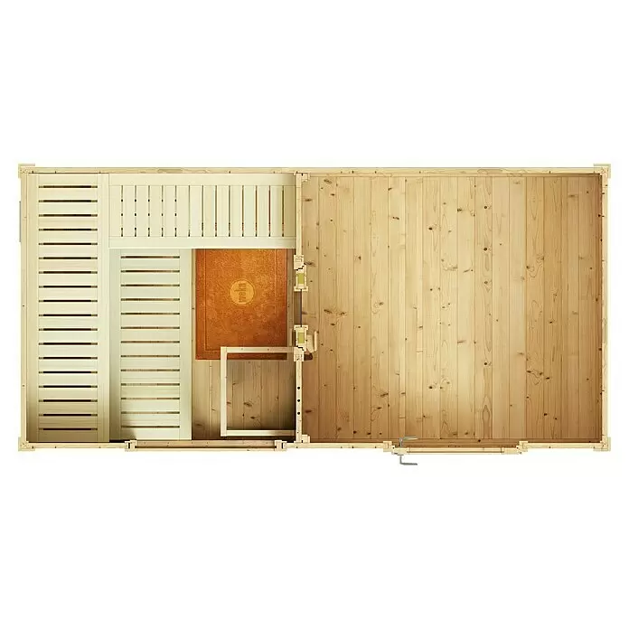 Weka Saunahaus Farsund - Ohne Ofen, L x B x H: 186,6 x 390 x 253 cm - Top-down-Ansicht eines hellen Holzsauna-Bausatzes mit Bänken, Wänden und Tür, der das Innenlayout hervorhebt.