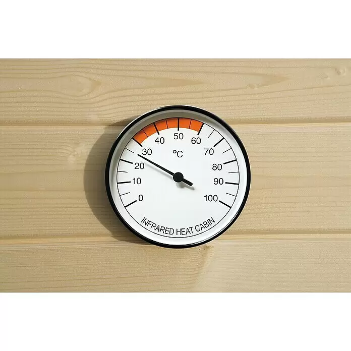 Weka Thermometer - Temperaturbeständig bis: 0 °C - 100 °C - Rundes C-Thermometer mit weißem Zifferblatt auf heller Holzverkleidung, für Infrarot-Wärmekabine.