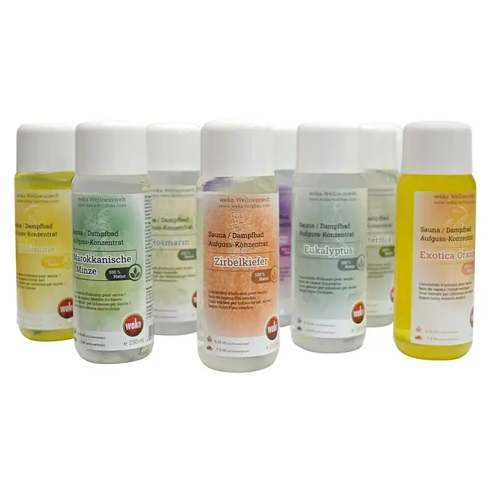 Weka Sauna- & Dampfbadduft - Duft: Kiefer, 250 ml - Produktfoto von mehreren Flaschen WEKA Sauna- und Dampfbad-Aufguss-Konzentraten mit verschiedenen Duftrichtungen, darunter Zitrone und Minze.