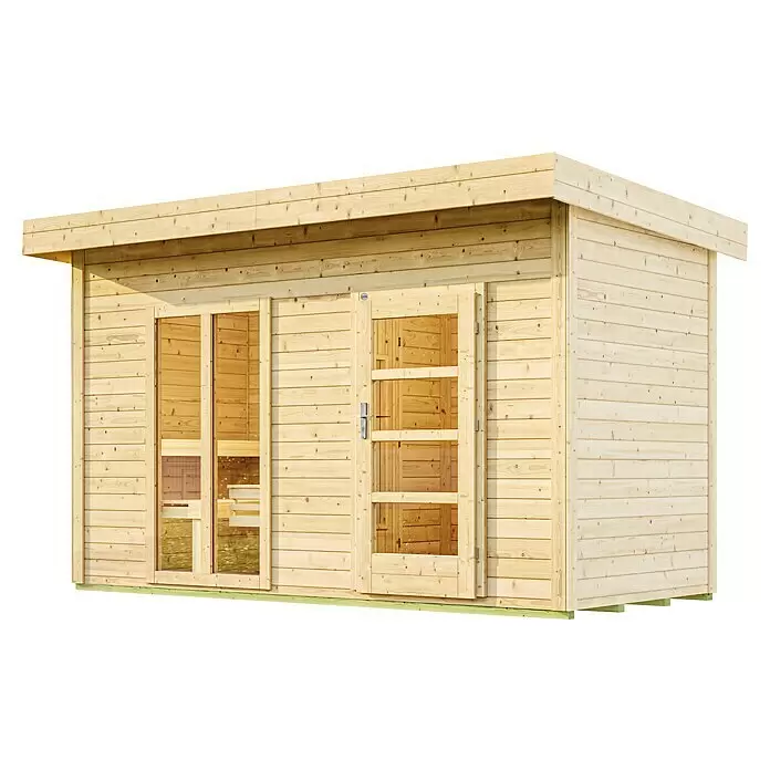 Weka Saunahaus Farsund - Ohne Ofen, L x B x H: 187 x 390 x 253 cm - Gartenhaus aus hellem Holz mit doppelten Glastüren und großen Fenstern.