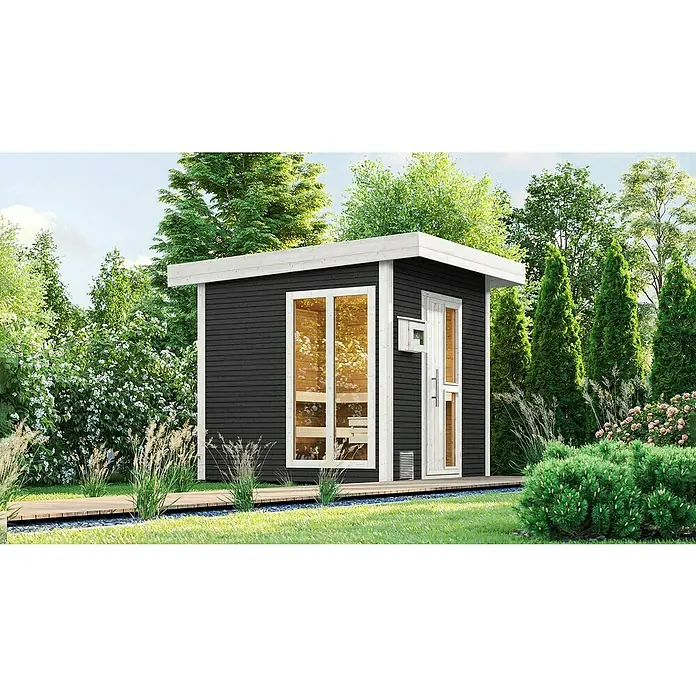 Weka Saunahaus Kuopio - Mit 9,0 kW Klassik-Ofen und externer analoge Steuerung, Anthrazit, L x B x H: 238 x 238 x 253 cm - Draufsicht auf eine Gartensauna mit Holzverkleidung, großen Fenstern und umliegendem Grün, die eine entspannende Outdoor-Wellness-Oase darstellt.