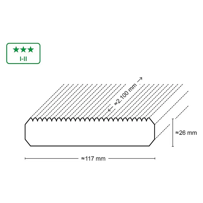 Rettenmeier Tarima para terraza termotratada - L x An x Es: 210 x 11,7 x 2,6 cm, Pino - Ilustración de un perfil ranurado con dimensiones de 117 mm de longitud, 26 mm de altura y separación de ranuras de 2,1 mm.