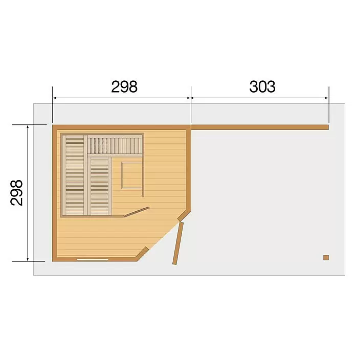 Weka Saunahaus Salo - Ohne Ofen, Rot, L x B x H: 298 x 601 x 237 cm - Grundriss einer Holzsauna mit Maßen 298x298 und 303. Zeigt Bänke und Innenaufteilung.