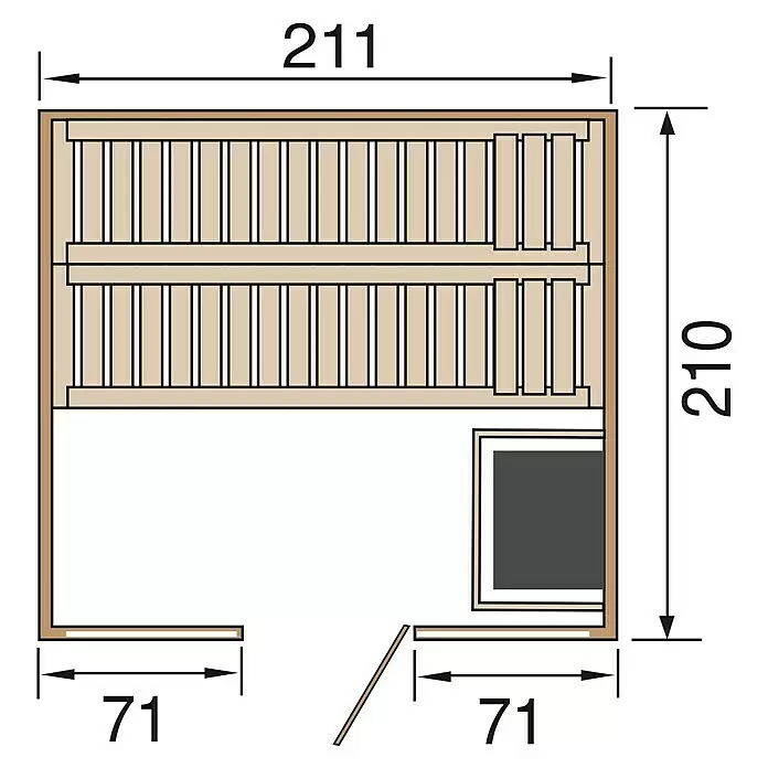 Weka Massivholzsauna Kemi Panorama - Mit 7,5 kW Bio-Aktiv-Ofen mit externer digitaler Steuerung, L x B x H: 210 x 211 x 200 cm, Natur - Grundriss einer Sauna von oben mit zwei Bänken, einem Ofen und Maßen: 211x210 Einheiten gesamt, mit 71 Einheiten Türöffnung.