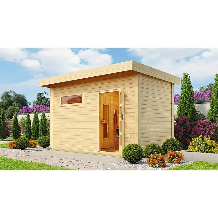 Weka Saunahaus Farsund - Ohne Ofen, L x B x H: 186,6 x 390 x 253 cm - Ein helles Holzgartenhaus mit Flachdach und offener Tür inmitten einer grünen Gartenlandschaft.