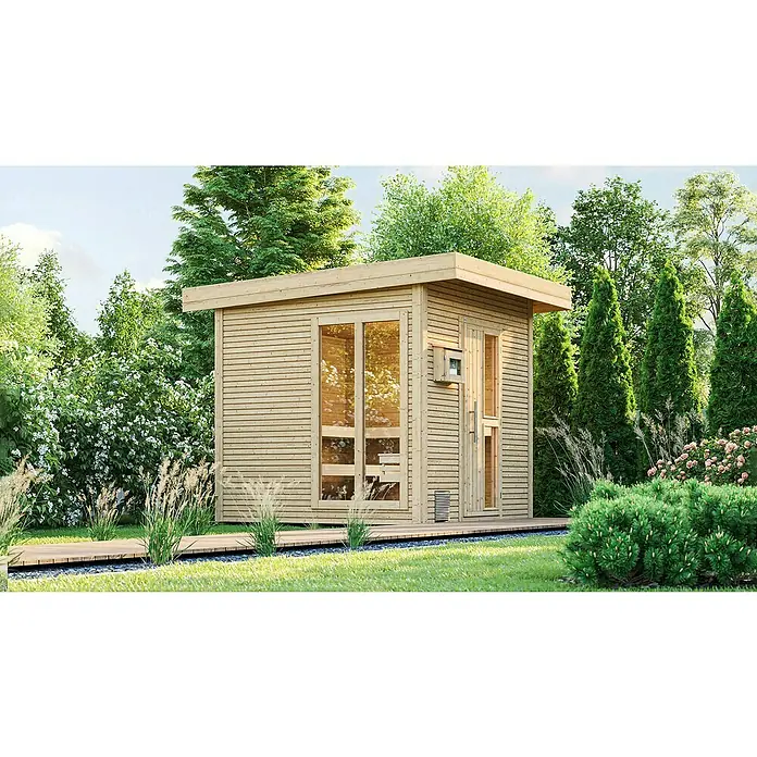 Weka Saunahaus Kuopio - Mit 9,0 kW Klassik-Ofen und externer analoge Steuerung, Natur, L x B x H: 238 x 238 x 253 cm - Holzsauna im Garten. Die Sauna ist aus hellem Holz gefertigt und hat eine moderne Optik.