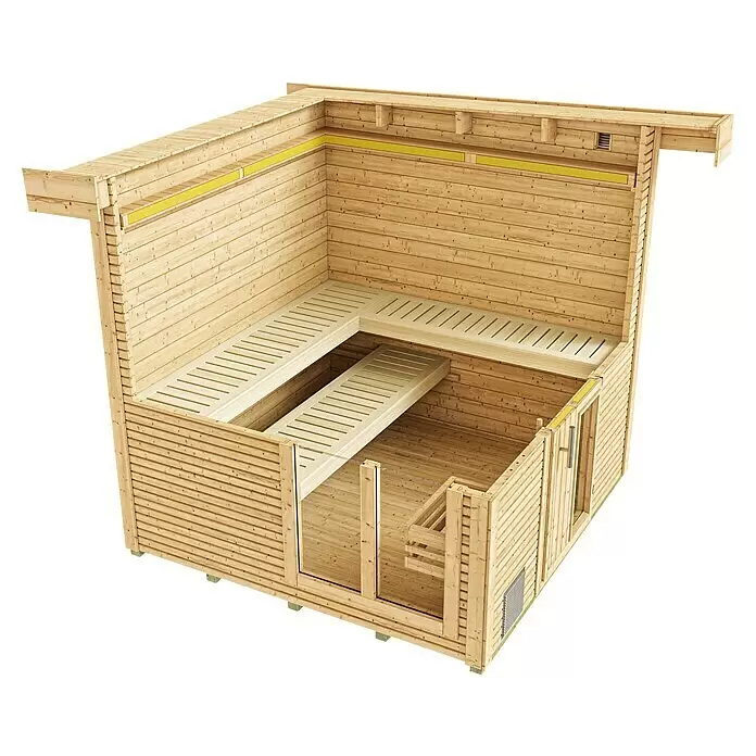 Weka Saunahaus Kuopio - Mit 9,0 kW Klassik-Ofen und externer analoge Steuerung, Anthrazit, L x B x H: 238 x 238 x 253 cm - Hölzerne Saunakabine in Schnittansicht, zeigt zwei Ebenen Lattenbänke und gelbe Innendetails.