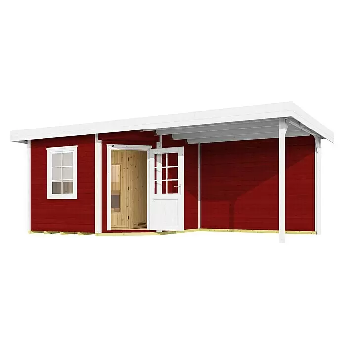 Weka Saunahaus Salo - Ohne Ofen, Rot, L x B x H: 298 x 601 x 237 cm - Rote Gartenhütte aus Holz mit weißen Fenstern, offener weißer Tür und überdachter Veranda auf weißen Säulen.