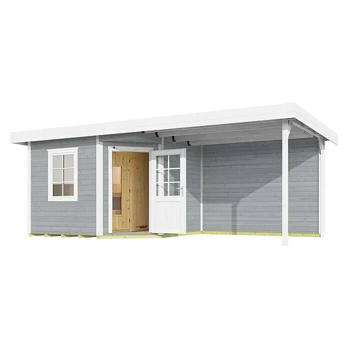 Weka Saunahaus Salo - Ohne Ofen, Grau, L x B x H: 298 x 601 x 237 cm - Helles graues Holz-Gartenhaus mit weißem Rahmen, einem Fenster und offener Tür, die einen Naturholz-Innenraum zeigt.