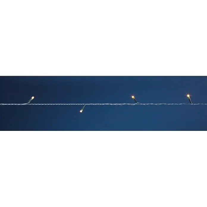 Tween Light Guirnalda luminosa LED - Para exterior, Color de luz: Blanco cálido, Número de bombillas: 80 ud., Funcionamiento en red, 17 m - Primer plano de luces de cadena con luces brillantes contra un fondo azul.