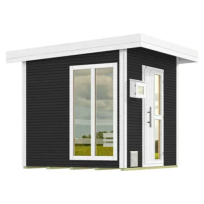 Weka Saunahaus Kuopio - Ohne Ofen, Anthrazit, L x B x H: 238 x 238 x 253 cm - Schwarzer Holzgeräteschuppen mit weißen Zierleisten, großem Fenster und Tür.