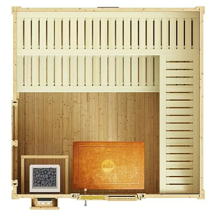 Weka Saunahaus Kuopio - Mit 9,0 kW Klassik-Ofen und externer analoge Steuerung, Natur, L x B x H: 238 x 238 x 253 cm - Draufsicht eines hellen Holzsauna-Innenraums mit Bänken, einem Ofen mit Steinen und hölzernen Sicherheitselementen.