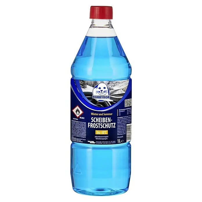 Robbyrob Scheibenfrostschutz-Konzentrat Klarblick - 1 l, -30 °C - Eine Flasche Scheiben-Frostschutzmittel von Robbyrob für Winter und Sommer, mit Schutz bis zu -30°C.