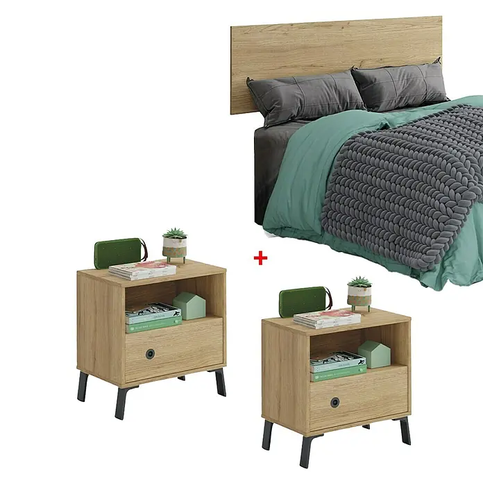 Muebles Pitarch Camila Cabecero de cama con mesitas - Roble gold, 3 pzs. - Conjunto de dormitorio con estructura de cama de madera y dos mesitas de noche a juego con cajones y estantes abiertos, ideal para dormitorios modernos.