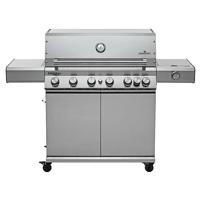 Grandstate Gasgrill Eagle 652 - Grillfläche (B x T): 90 x 45 cm, 24,2 kW, Anzahl Brenner: 6 Stk., Material Grillfläche: Gusseisen - Gasgrill aus Edelstahl mit mehreren Brennern, Seitenablagen und einem Unterschrank auf Rollen.