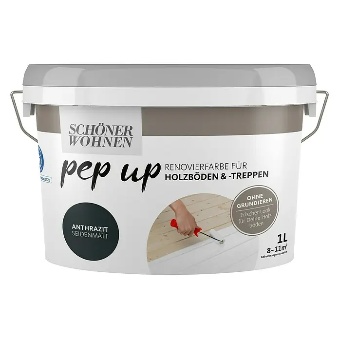 SCHÖNER WOHNEN-Farbe Pep up Weißlack für Holzböden & -Treppen - Anthrazit, Seidenmatt, 1 l, Wasserbasiert - Dose Schöner Wohnen Pep Up Renovierfarbe für Holzböden und Treppen, Farbe Anthrazit Seidenmatt, 1 Liter.