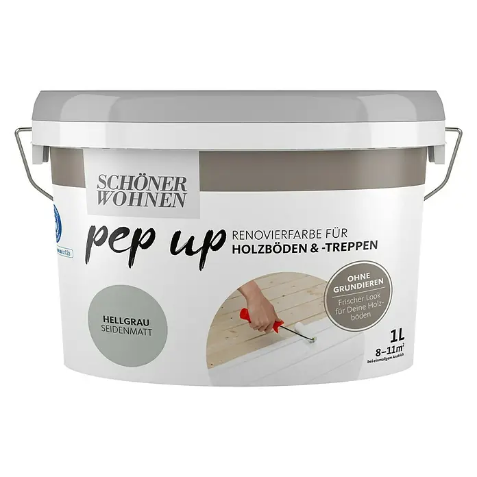 SCHÖNER WOHNEN-Farbe Pep up Weißlack für Holzböden & -Treppen - Hellgrau, Seidenmatt, 1 l, Wasserbasiert - Ein Eimer "Schöner Wohnen pep up" Renovierfarbe für Holzböden & Treppen in Hellgrau Seidenmatt, 1L für 8-11m².