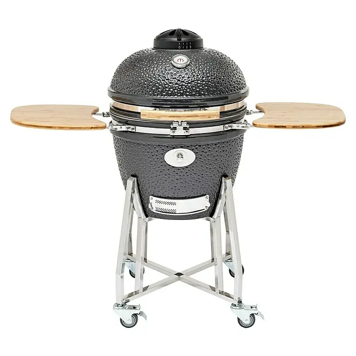 Flame Rock  Holzkohlegrill Kamado 22 Pro - Durchmesser Grillfläche: 49 cm, Grau - Grillgeräte: Keramikgrill mit Seitentischen und Wagen für den Außenbereich für ein ultimatives Grillerlebnis.