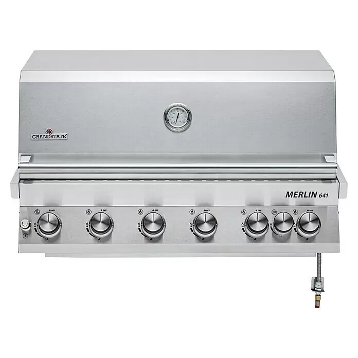 Grandstate Gasgrill Merlin 641 Built-In - Grillfläche (B x T): 88 x 44 cm, 21 kW, Anzahl Brenner: 6 Stk. - Einbau-Gasgrillkopf aus Edelstahl, Grandstate Merlin 641, mit Thermometer und sechs Bedienknöpfen.