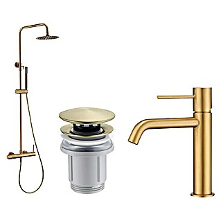 Camargue Grifo de lavabo + Vávula click clack + Sistema de ducha Natur (Oro, Brillante)